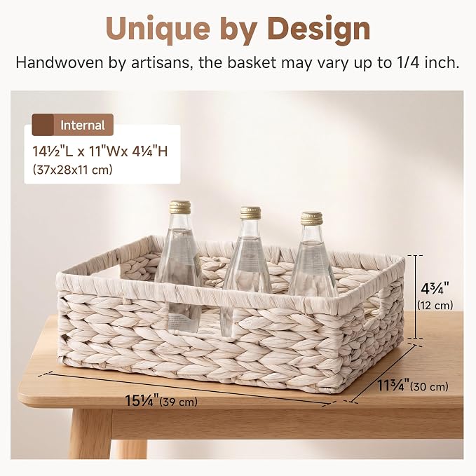 StorageWorks Large Wicker Storage Baskets for Shelves, White Baskets,1-Pack | Water Hyacinth Wicker Baskets for Storage, Pantry Organizers and Storage,Decorative Baskets, Pantry Baskets,15¼" x 11¾" x 4¾"