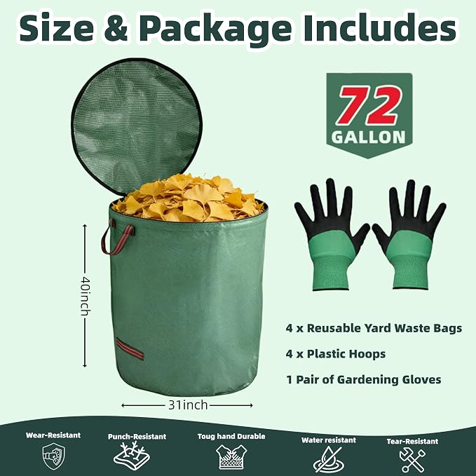 4 Pack 72 Gallon Yard Waste Bags with Lid | Heavy Duty Lawn & Leaf Bags with Gardening Gloves, Self-Standing Collapsible Containers with 4 Handles for Debris
