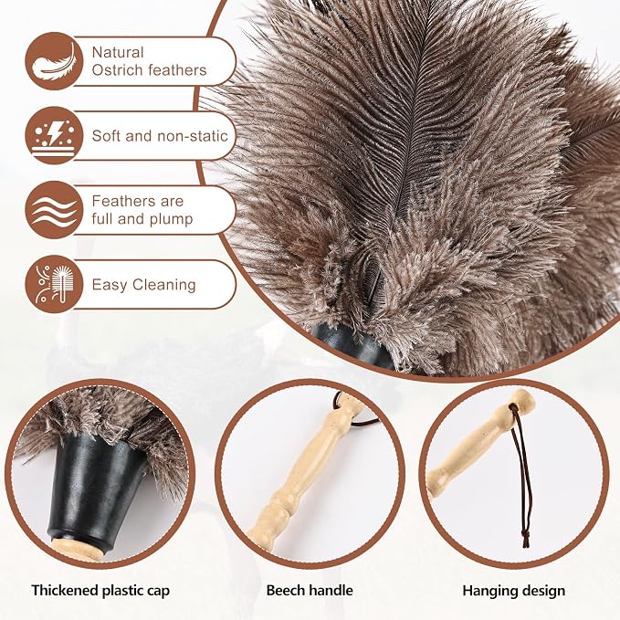 Ostrich Feather Duster 14" Natural Handheld Reusable Feathers Dusters with Wooden Handle for Cleaning Supplies Home Car Office(6PCS)