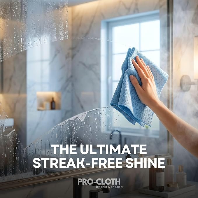 PRO-CLOTH Window & Glass Cleaning Cloths (6-Pack, 12 x 16") – Premium Honeycomb Microfiber Cloths for Windows, Mirrors, Car Glass & Screens, Water Only, Lint-Free, Streak-Free + Mini Silicone Squeegee