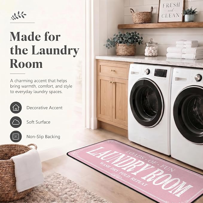 ROMAMIGO Laundry Room Rug Runner Non Slip Laundry Mats Mudroom Runner Farmhouse Kitchen Floor Mat Bathroom Laundry Room Decor Accessories(Pink, 20 X 47 inch)