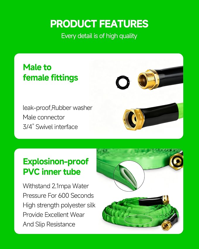 50ft Garden Hose with 10 Spray Patterns, Non-Expandable, Tangle-Free PVC