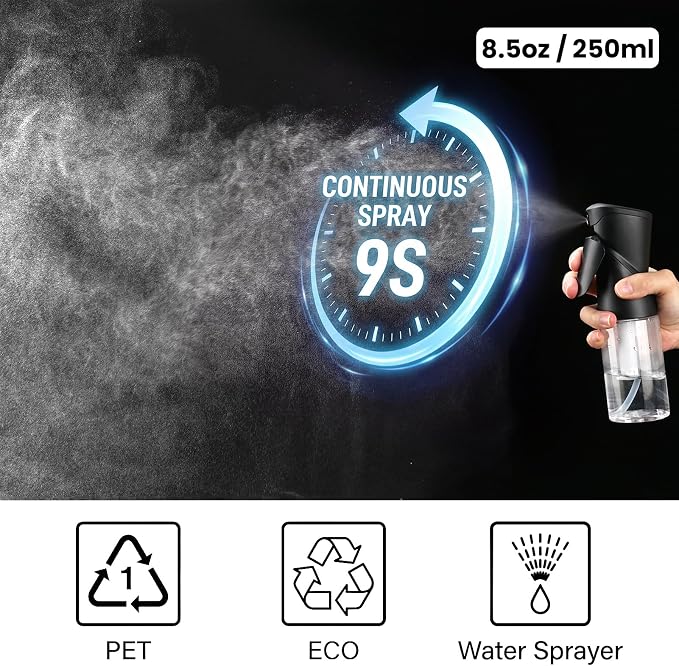 Spray Bottles 250ml/8.5oz 2 Pack Continuous Spray Bottle, Black | For Hair, Refillable, Fine Mist Sprayer, Water Spray Bottles For Cleaning Kitchen Hair Care Skin Toner