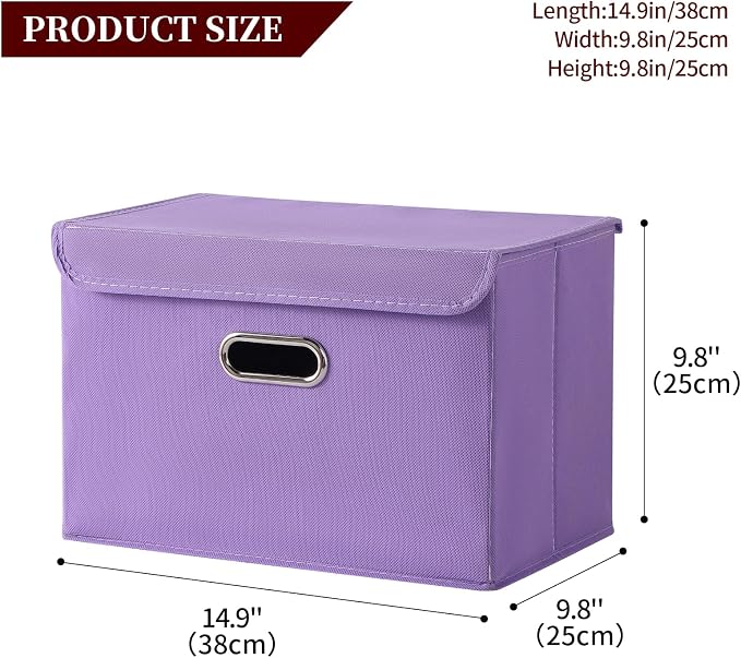 STOREONE Fabric Storage Cube Bins Foldable Organizer Container Collapsible Basket with Lids and Metal Handles, for Home, Bedroom, Closet 6 Pcs (multicolour-purple)