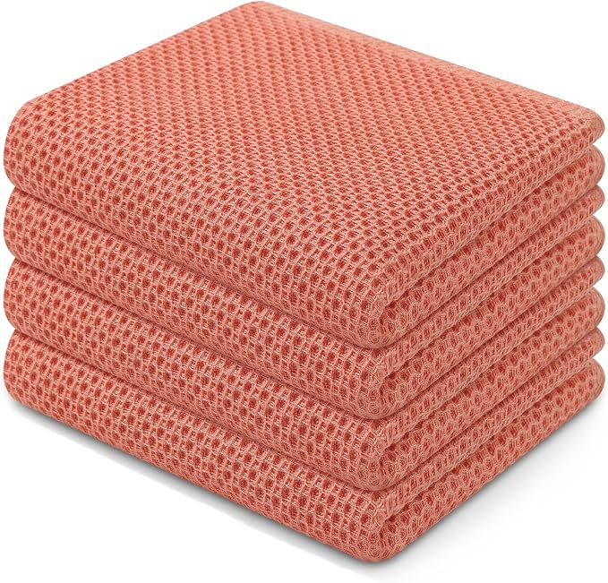 Homaxy 100% Cotton Waffle Weave Kitchen Dish Towels 4-Pack, Coral | 13 x 28 Inches, Ultra Soft Absorbent Dish Towels, Quick Drying Cleaning Towels