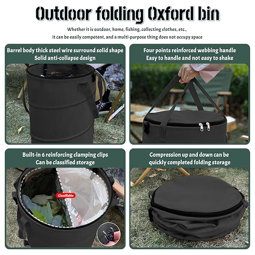 Pop up Camping Trash can with lid,Collapsible Garden can(2Pcs-Black) | 24 Gallon Outdoor Garbage Bag with Sorting Clips, Lawn and Leaf Bags - Reusable Yard Waste Bags, RV Camp Waste Bin
