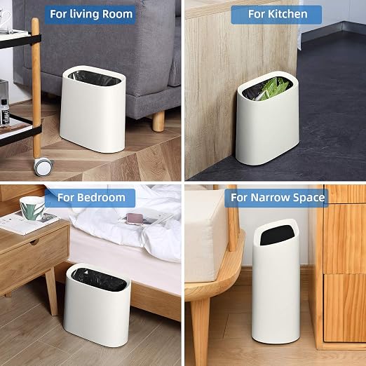 SUBEKYU 2.3 Gal Bathroom Trash Can,Small Garbage Can for Kitchen,White | Slim Rectangular Waste Bin,Heavy-Duty Plastic Garbage Can with Detachable Inner Liner