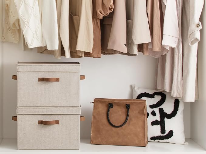 StorageWorks Fabric Storage Bins with Lids, Closet Storage Bins | Flip-Top Lid, 3 Handles, Collapsible, Stackable, for Clothes Blankets, Multi-Purpose, Large, Brown and Beige, 2-Pack
