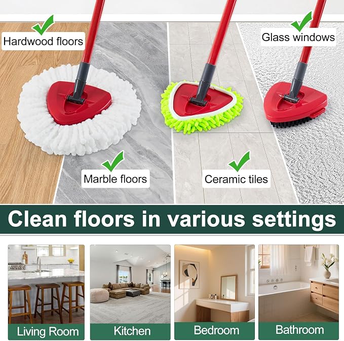 Mop Head Replacement for O Cedar, Spin Mop Replacement Head for Ocedar Easywring 1 Tank System, Mop Heads Includeds 4 Mop Replacement Heads , 1 Spin Scrub Brush & 1 Base