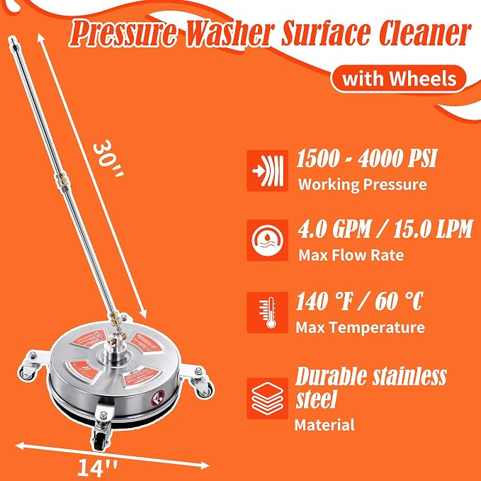 M MINGLE 14'' Pressure Washer Surface Cleaner Attachment, 4000 PSI | Driveway Power Washer Accessory with 2 Extension Wands, 1/4" Quick Connect, Ideal for Cleaning Driveways and Sidewalks