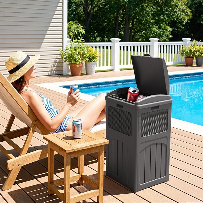 Greesum 33 Gallon Outdoor Trash Can with Lid, Waterproof, 3 Pack, Gray | Resin Garbage Bin for Hideaway, Deck, Patio