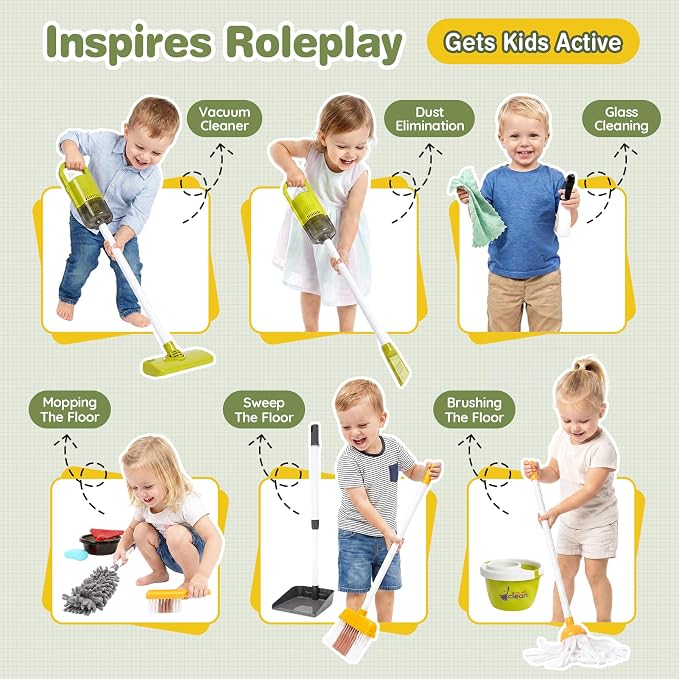 Dreamon Toddler Cleaning Set - 14Pcs Kids Cleaning Toy Set with Kids Vacuum | Red Pretend Home Cleaning Play Set for Toddler Age 3-7, Toddler Vacuum Toy that Works, Christmas Birthday Gift for Girls Boys