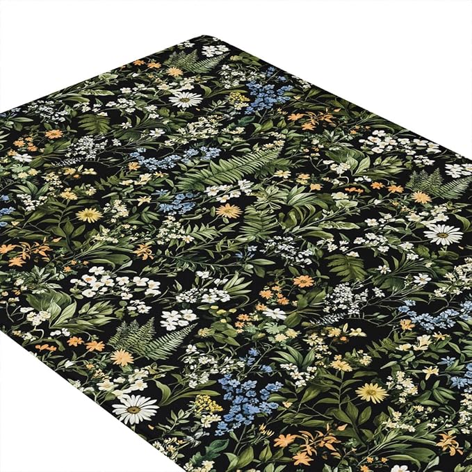Feelyou Black Green Botanical Kitchen Rugs Sets 2PCS Blossom Flowers Kitchen Mats for Floor Natural Country Cushioned Anti Fatigue Waterproof Non-Slip Rugs for Office Laundry Room Decor Accessories