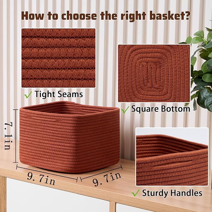 MiniArk Small Organizing Baskets for Cubes Shelf, 9.7x9.7x7.1 Inch Rope Woven Storage Bins for Nursery Shelves Storage, Cute Toy Basket, Square 3 Packs Oxide Red