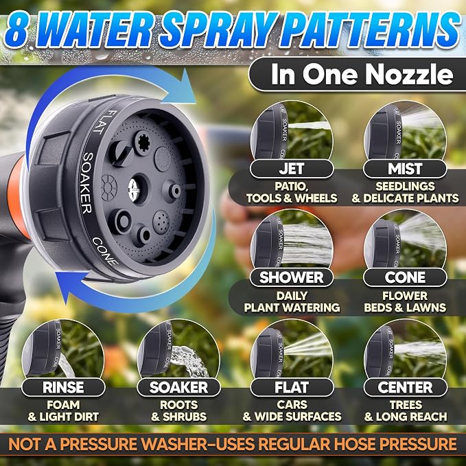 8 Pattern Garden Hose Nozzle Heavy Duty High Pressure Sprayer | Rubber-Grip ABS Water Hose Nozzle for Car Washing, Plant Watering, Deck Rinsing and Dog Bathing, Leak Proof Adjustable Flow