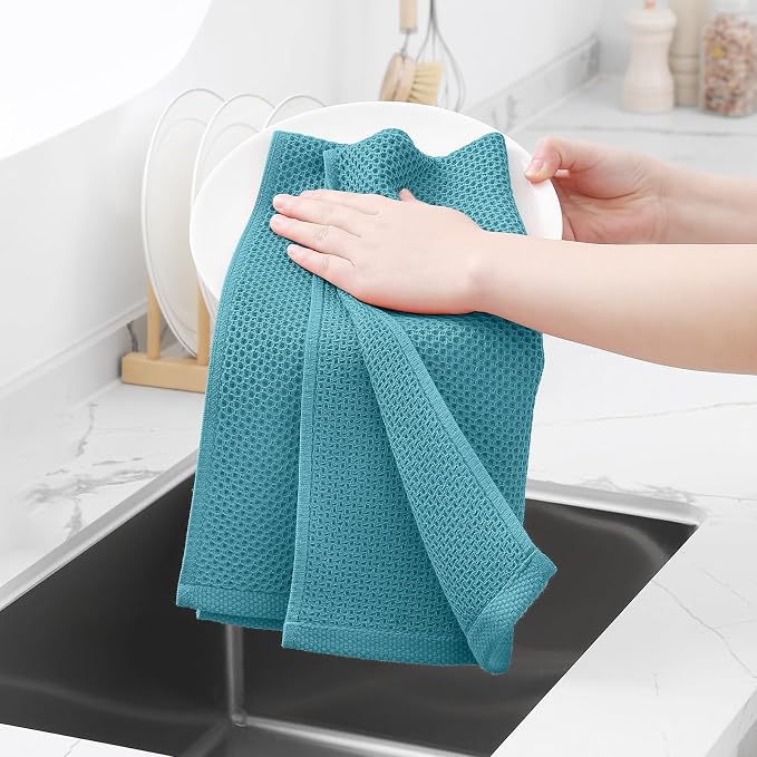 Homaxy 100% Cotton Waffle Weave Kitchen Dish Towels 18-Pack, Lake Blue | 13 x 28 Inches, Ultra Soft Absorbent Dish Towels, Quick Drying Cleaning Towels