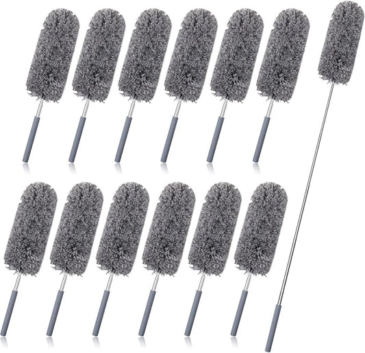 Tanlade 12 Pcs Microfiber Feather Duster for Cleaning, Extendable 13-31 Inch Ceiling Fan Duster with Bendable Head, Washable Tools for Ceiling Fans, Furniture, Car, Cobwebs (Gray)