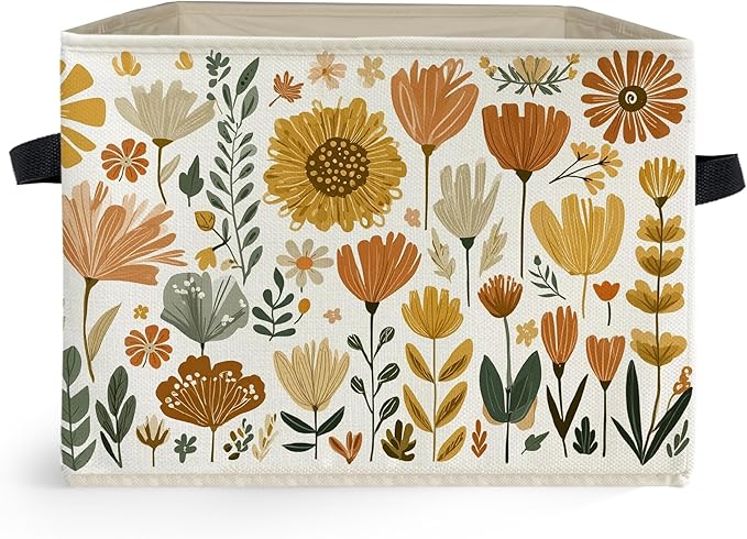 Boho Floral Storage Box Bins, Cottagecore Country Wildflower Botanical Collapsible Storage Basket Organizer for Bedroom Laundry Room Home Clothes Books, Decor for Room