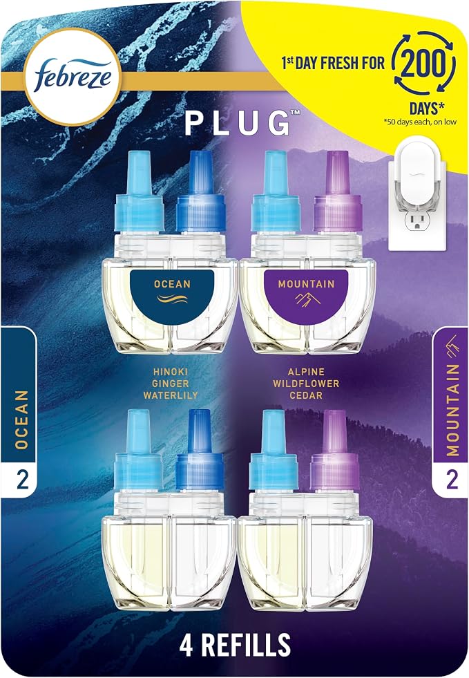 Febreze Plug In Air Freshener, Odor-Fighting Scented Oil Refill, Air Fresheners for Home and Bathroom and Kitchen, Long Lasting for Strong Odors, Ocean & Mountain Scents, 0.87oz Refills, 4 Count