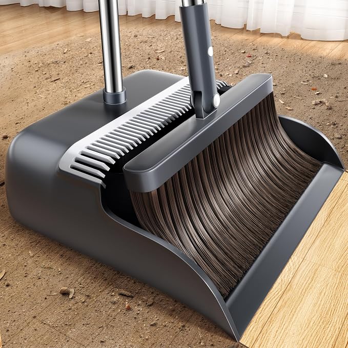 Broom with Dustpan Combo Set, Broom and Dustpan Set with 51.6" Long Handle & Two Broom Heads, Brooms with Dust Pan Teeth for Pet Hair, Indoor&Outdoor Sweeping, Home, Kitchen, Office