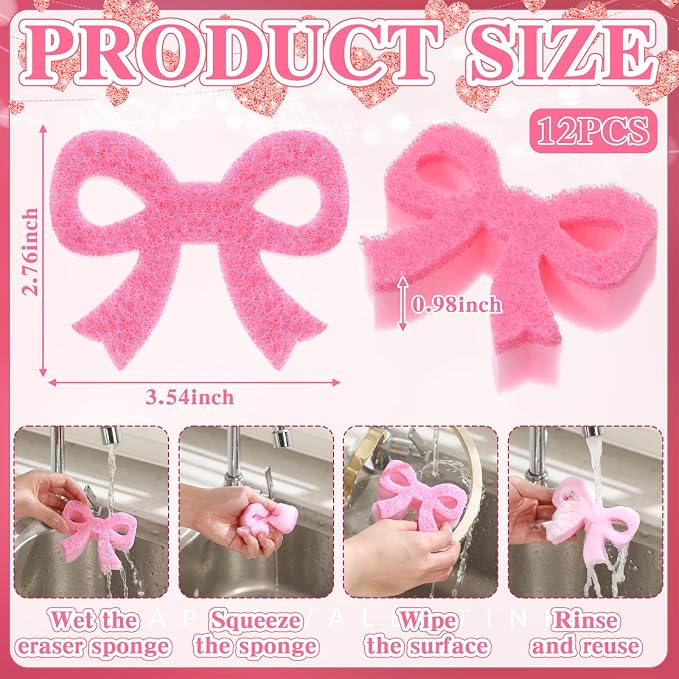 Tioncy 12 Pack Pink Bow Sponges Dual Sided Non Scratch Classic | Reusable for Dishwashing Cookware Pot Pan, Preppy Cute Kitchen Cleaning Accessories, Non Scratch Bulk Household Supplies