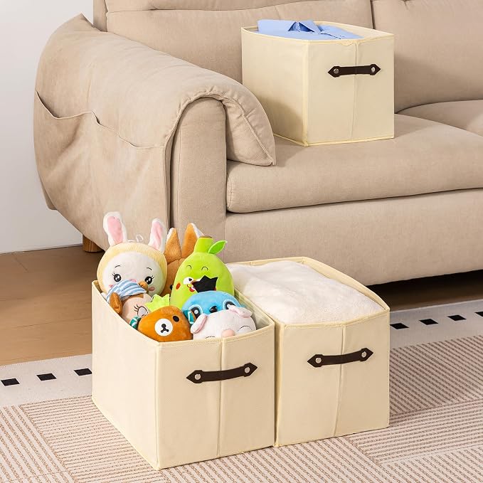 3 Pack Large Collapsible Storage Baskets for Shelves,14.9"x9.5" Fabric Closet storage Boxes with Leather Handles,Decorative Organizers Storage Bins for Clothes,Sheets,Toys,Books,Creamy-White