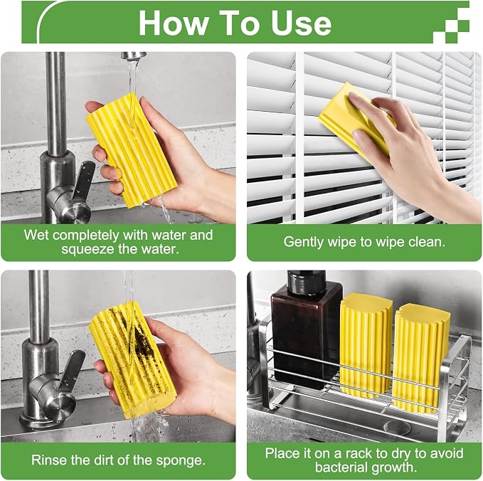 Jeymei Damp Clean Duster Sponge,4Pcs Yellow Dust Sponge for Cleaning | Damp Dusting Sponge with Ridges,Baseboard Cleaning Tool,Reusable Wet Duster Sponge,Household Cleaning Sponges for Blinds