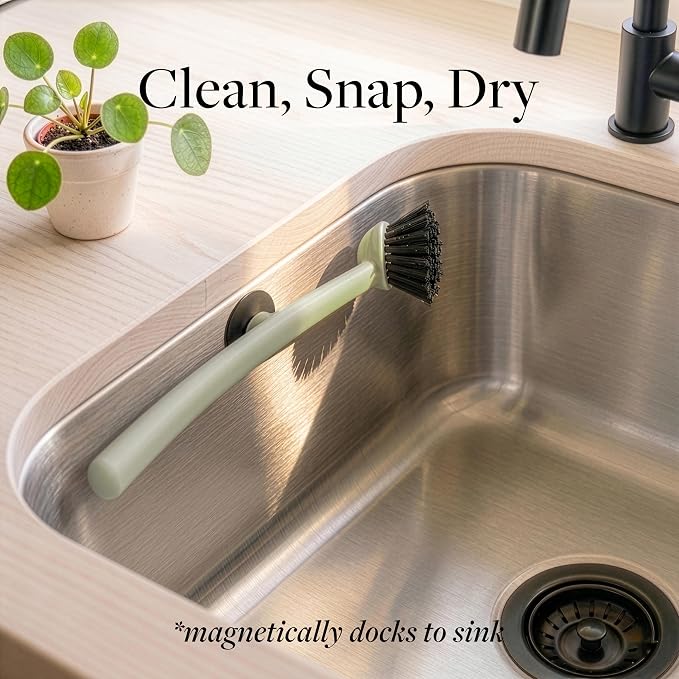 Earth & Mango Magnetic Dish Brush & Scraper, Snaps to Sink, Moss Green