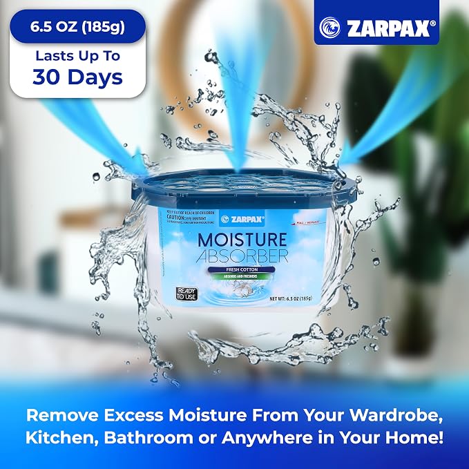 ZARPAX Moisture Absorber Fresh Cotton 6.5 oz/185g | Removes Moisture, Damp & Humidity | Odor Absorber With Fresh Cotton Fragrance | Moisture Trap for Bathroom, Closet, Kitchen | Set of 15