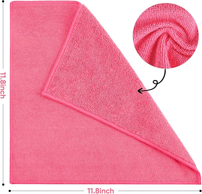TEAWOO 10 PCS Pink Microfiber Cleaning Cloths, Assorted Cleaning Rags | Microfiber Towels, Car Towels, Kitchen Towels, Bathroom Towels, Household Cleaning, 11.8"X11.8"