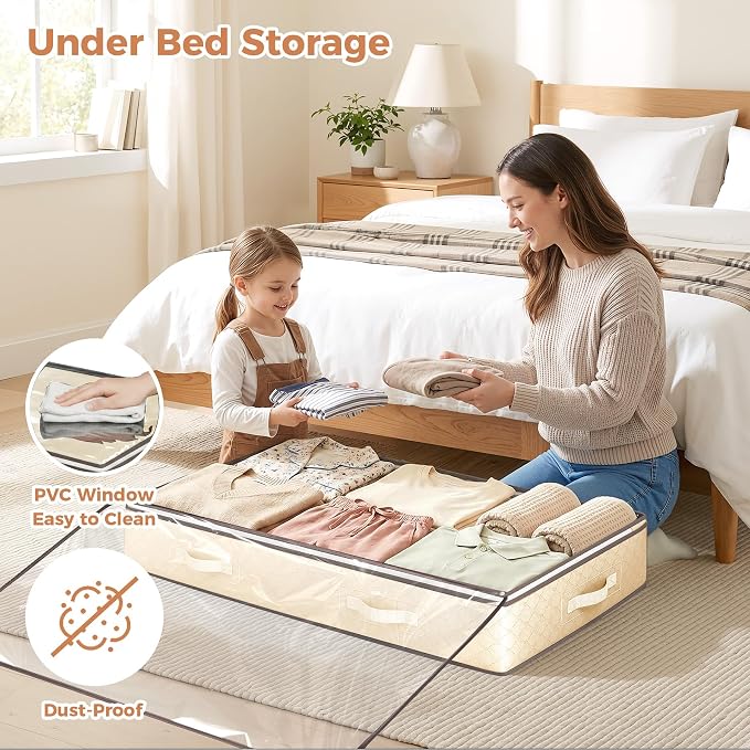 Budding Joy 95L Underbed Storage Containers, 4 Pack Closet Organizers Beige | Underbed Storage Bags for Blankets, Towels, Comforter, Sweaters, Linen Sheets, Wrapping Paper