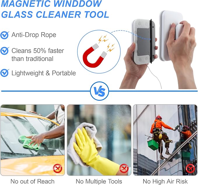 Magnetic Windshield Cleaner Tool, Double-Sided Window Cleaner Tool, Magnetic Glass Wiper for Car/High Rise/Windshield/Sidewindow/Sliding Door Glass Thickness 3-10mm/0.12-0.4inch