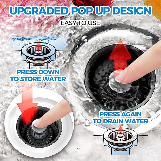 zaa 3 in 1 Kitchen Sink Drain Strainer Stopper Removable Basket Pop-Up | Kitchen Sink Accessories 2 Pack Black Stainless - Food Catcher, Odor-Blocking Seal, Fits 3.5" Drain, Easy Clean