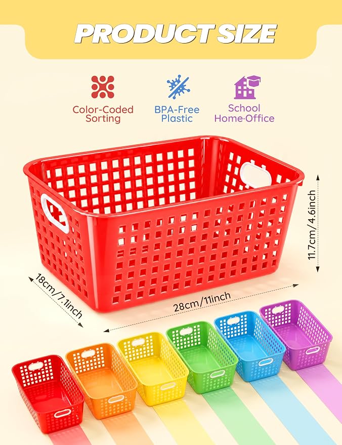 6 Pack Plastic Classroom Storage Baskets, Organizer Bins with Handle | Rainbow Color 11" × 7.1" × 4.6" Medium Papers Book Storage Organizer for School Classroom Library Office Home Desktop Closets