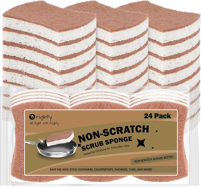 Orighty Non-Scratch Scrub Sponge, 24-Pack Sponges Kitchen Cleaning Sponges | Cellulose Scrubber Sponge for Kitchen Cleaning, Non-Stick Cookware, Washing Dishes, Bathroom, and Household