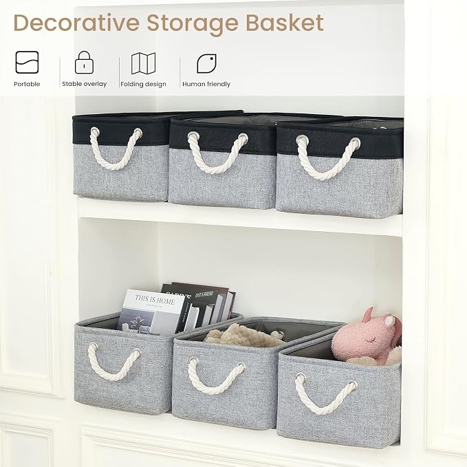 13.8x9.8x6.7 Inch Fabric Small Storage Bins with Handles 6 Pack | Foldable Storage Basket, Sturdy Metal Strand, Cardboard Support Molding, Small Baskets for Organizing, Shelves, Gray