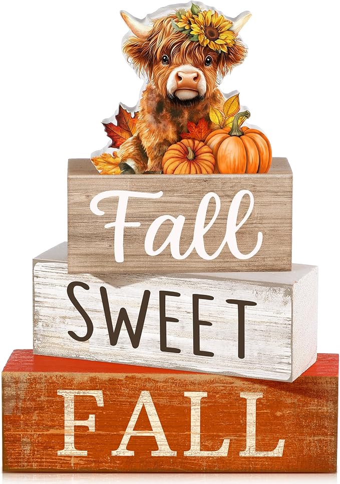 Moucuny 4 Pcs Fall Wooden Block Signs, Highland Cow Tiered Tray Farmhouse | Rustic Farmhouse Centerpiece for Kitchen Shelf Bathroom Laundry Room, Sweet Fall Harvest Theme Home Decor Gift