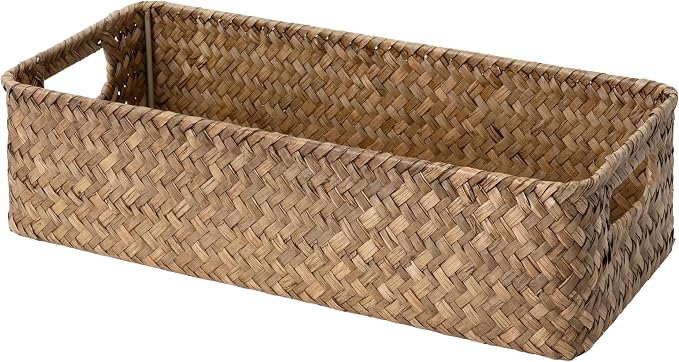 StorageWorks Wicker Seagrass Baskets, Toilet Basket Tank Topper, Brown | Toilet Paper Baskets for Back of Tank, Bathroom Basket Organizer and Storage, Small Tank Trays for Decor with Built-in Handle