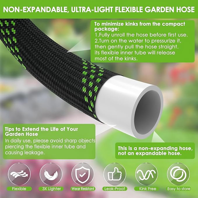 50ft Non-Expanding Garden Hose, 3/4" GHT Kink-Free Water Hose with 10 Function Nozzle, Flexible Outdoor Hose for Yard, Garden, Car Washing