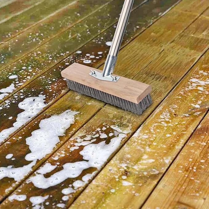 Floor Scrub Brush, Heavy Duty Stainless Steel Wire Broom with Long Adjustable Handle, Outdoor Moss Remover Brush for Cleaning Concrete Deck Patio Garden Garage Driveway (30cm / 11.8in)