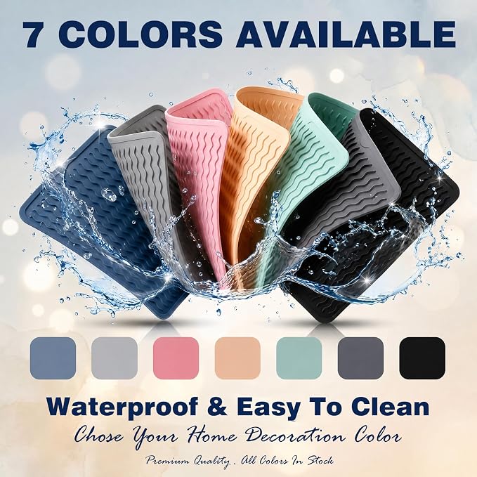 2 Pack Caketime Silicone Dish Drying Mat for Kitchen Counter Bathroom Under Sink Protector Faucet Drip Catcher Absorbent Liner Washer Dryer Countertop Organizer Drain Tray 12"x6" Light Gray