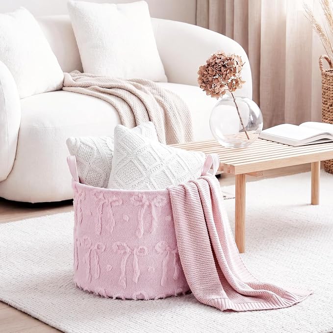 LemonRoad Extra Large Basket 20"x14", Woven Basket for Laundry Blanket Toy Box with Handle Storage, Blanket Storage for Living Room Nursery Pillows Chest(Pv Plush,Bow,Pink)