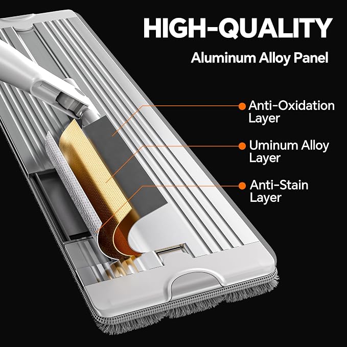 Self Wringing Mop, Hands Free Microfiber Flat Mop Wet Dry Floor | Microfiber pads, aluminum panel, wet dry cleaning system for floors walls windows, apartment use, 4 Reusable Pads