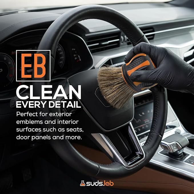 Suds Lab Elite-Bristle Boar's Hair Detailing Brush, Deep Cleaning, Stand | Metal-free, high absorbency tool for scratch-free interior & exterior car detailing