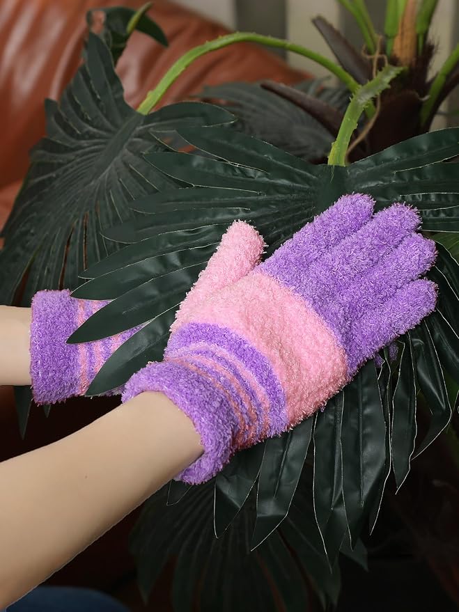 Patelai 3 Pairs Microfiber Dusting Gloves for Plants Leaf, Medium | White, Pink, Purple, Rose Red,Plant Cleaning Gloves, Reusable Washable Gloves,House Furniture Blinds Dusting
