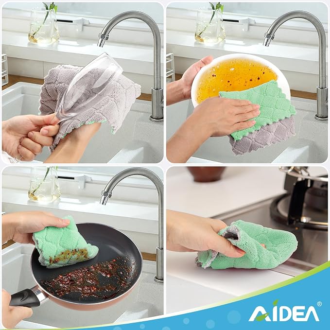 AIDEA Kitchen Dishcloths, 12 PK Absorbent Dish Towels Coral Fleece 6"x10.4" | Reusable Microfiber Cleaning Cloth No Odor No Pilling, Fast Drying Kitchen Towels, Multi Purpose Dish Rags for Washing Dishes