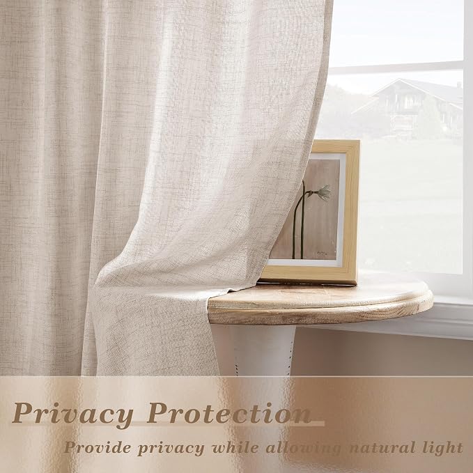 Semi Sheer Privacy Linen Curtains 98 Inches Long Tan Beige 2 Panels | Farmhouse Curtains, for Living Room Bedroom, 98 Inch Length Drapes, with Rod Pocket, Hook Belt, Light Filtering, W50 x L98