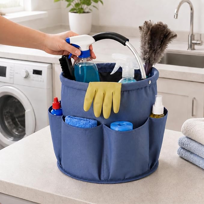 Cleaning Caddy with Handle, Large Supply Organiser 17L with 6 Pockets, Cleaning Products Organiser, Foldable Storage Basket, Portable Cleaning Caddy for Home (Blue)