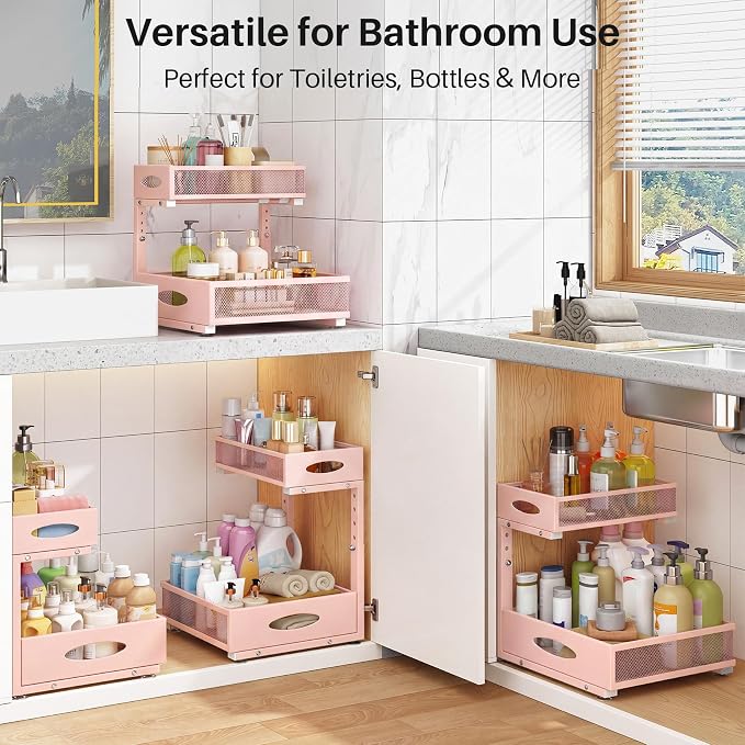 Under Sink Organizer, 2 Tier Pull Out Under Cabinet Organizer Shelf with Pad for Framed Cabinets, Metal Slide Out Under Sink Storage, Mesh Sliding Drawers for Kitchen Bathroom Laundry(Pink, 1 Pack)