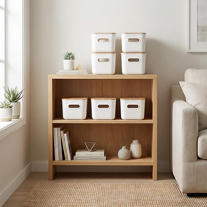 Citylife 7 QT Storage Bins with Bamboo Lids, Stackable with Handles, 4-Pack | Small Plastic Storage Bins with Lids for Toys, Desk Supplies, Snacks, Shelves, and Organizing Small Household Items